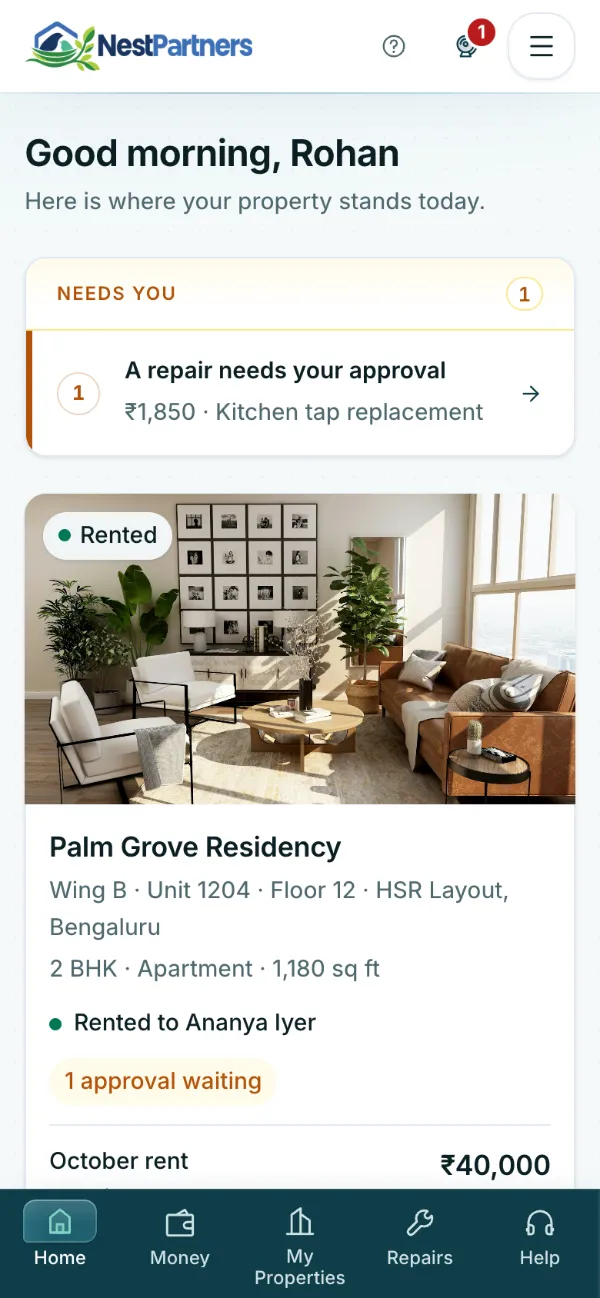 Owner portal Home on a phone: an item waiting for the owner, the rented apartment with its photo and details, and this month's rent received.