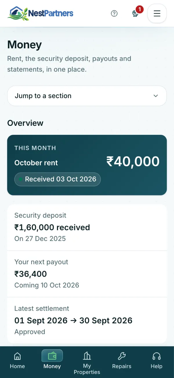 Owner portal Money page: this month's rent of ₹40,000 received, the security deposit, the next payout and the latest settlement.