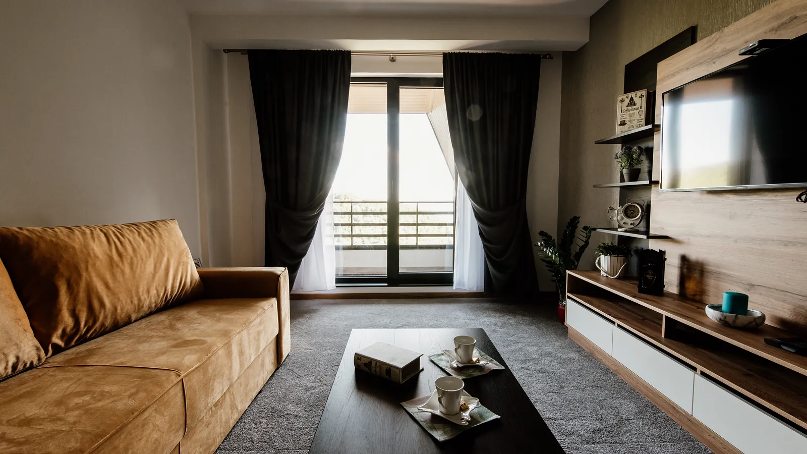 A furnished apartment living room with a sofa, a television unit and full-height windows