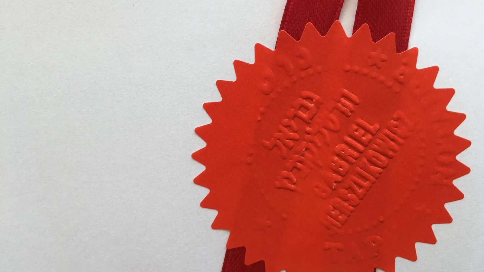A red wax seal and ribbon on an official document